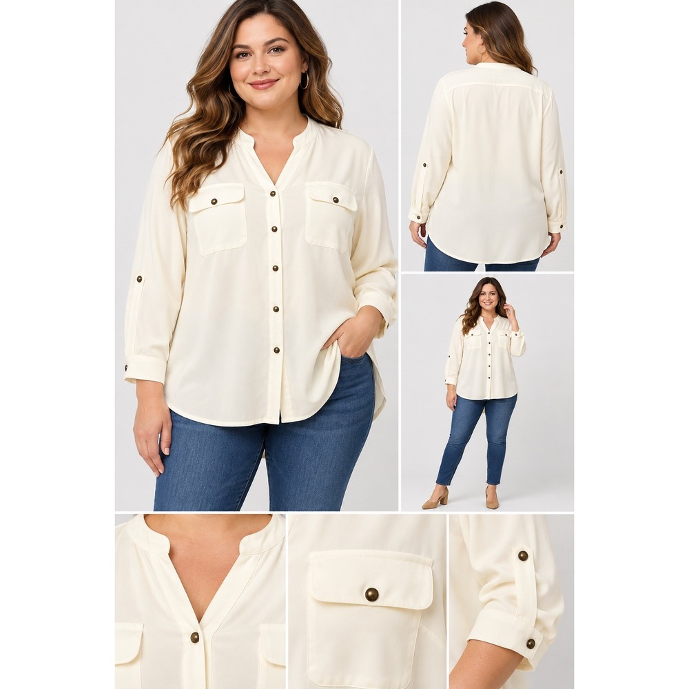 Laura Scott Cream Utility Button Down Roll Tab Sleeve Blouse Workwear Minimalist